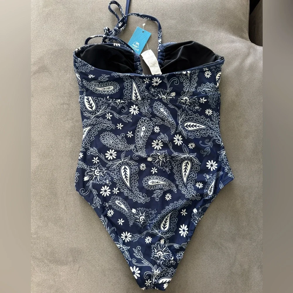 NWT Small Cupshe Swim Navy White Paisley Convertible Cutout One Piece Swimsuit